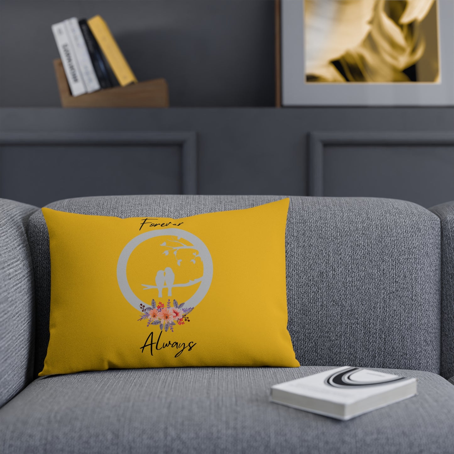 Coussin Décoratif Jaune 'Forever Always', Coussin Accent Floral Romantique, Coussin décorative Romantique, Coussin tendance