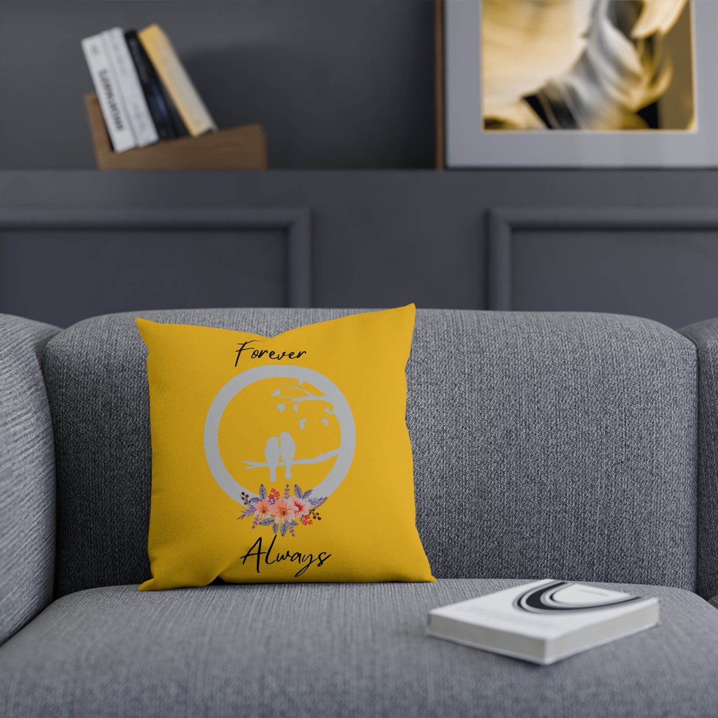 Coussin Décoratif Jaune 'Forever Always', Coussin Accent Floral Romantique, Coussin décorative Romantique, Coussin tendance