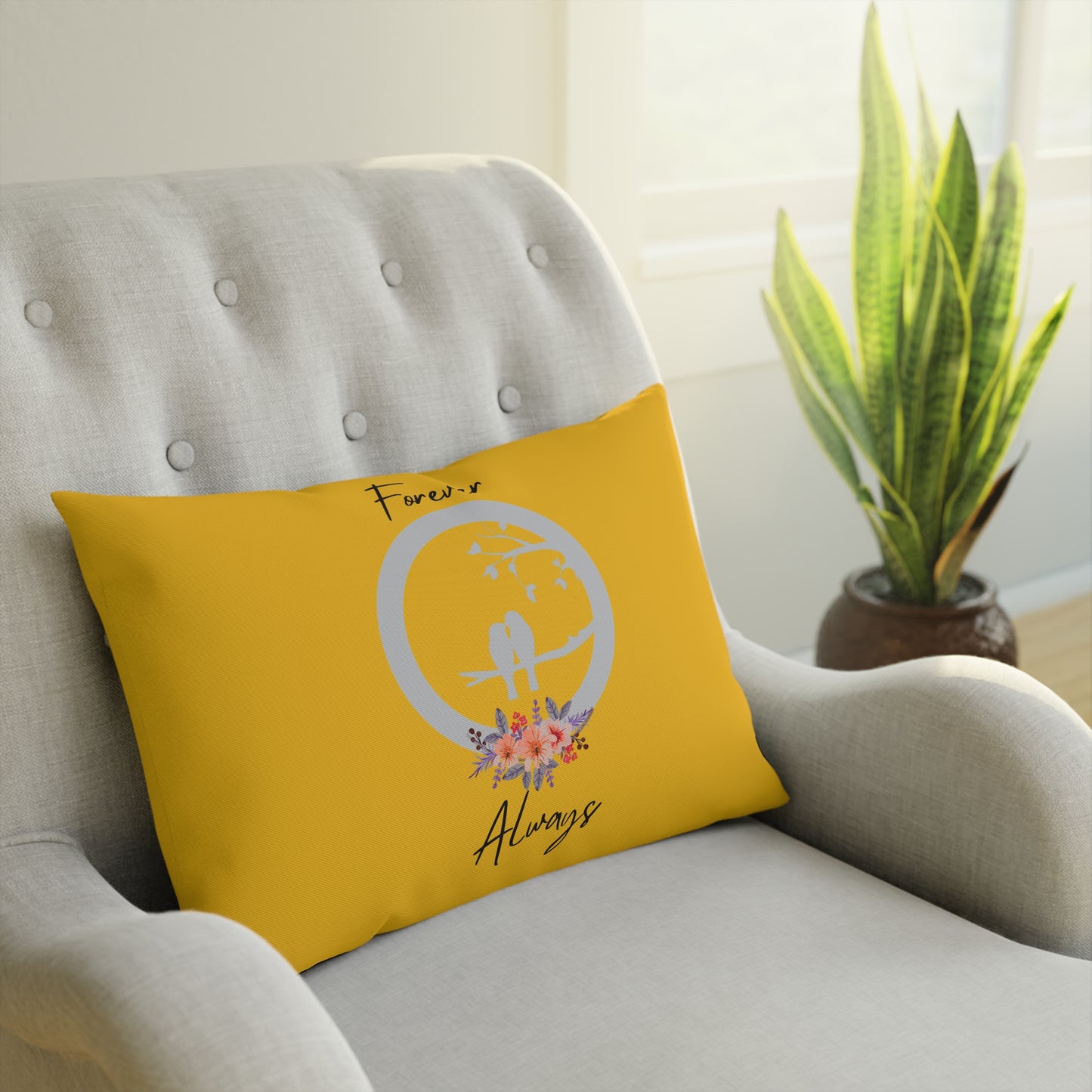 Coussin Décoratif Jaune 'Forever Always', Coussin Accent Floral Romantique, Coussin décorative Romantique, Coussin tendance
