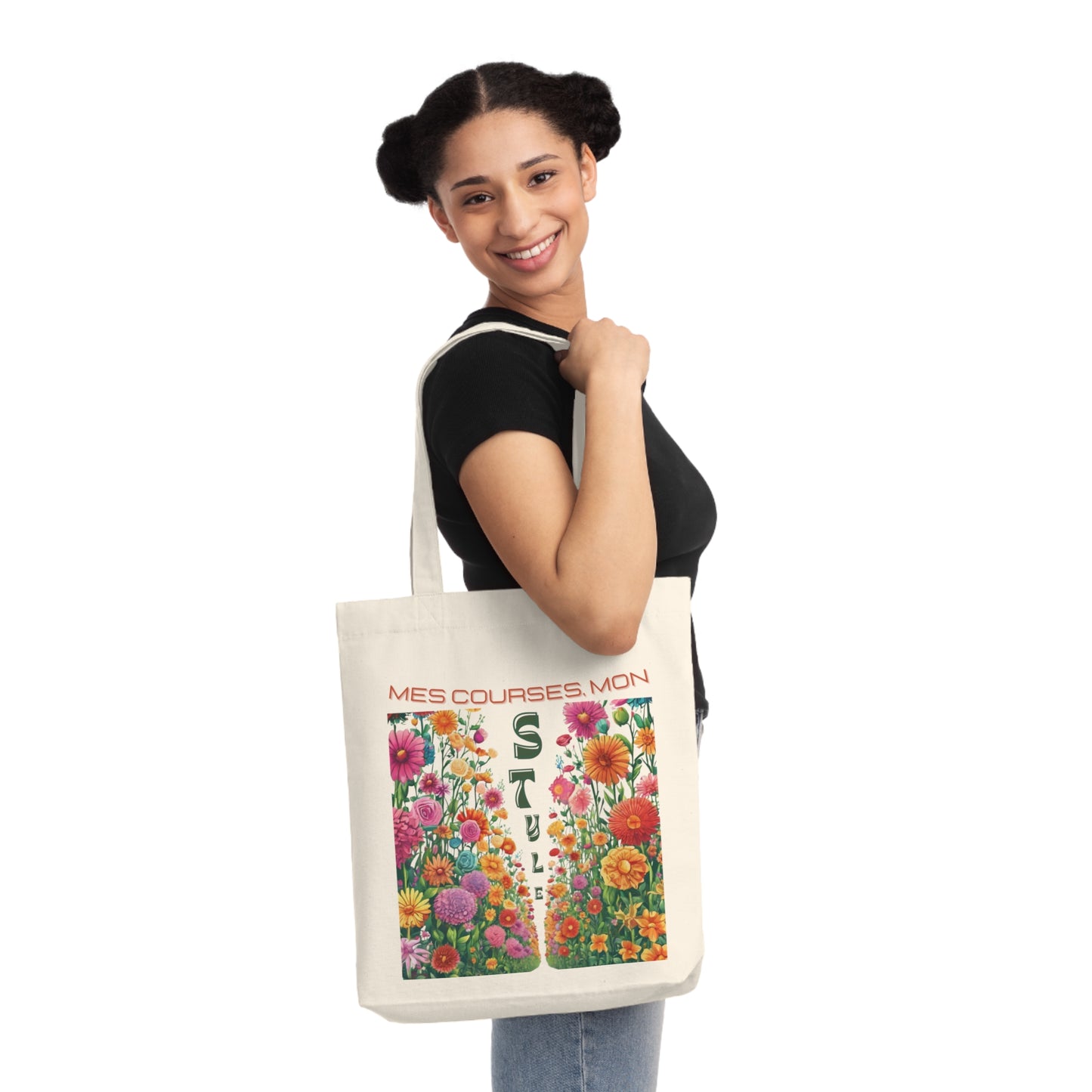 Sac Fourre-tout Fleuri, Mes Courses, Mon Style, Sac Fourre-Tout Ecologique, Sac de Courses stylé, Sac avec message positif