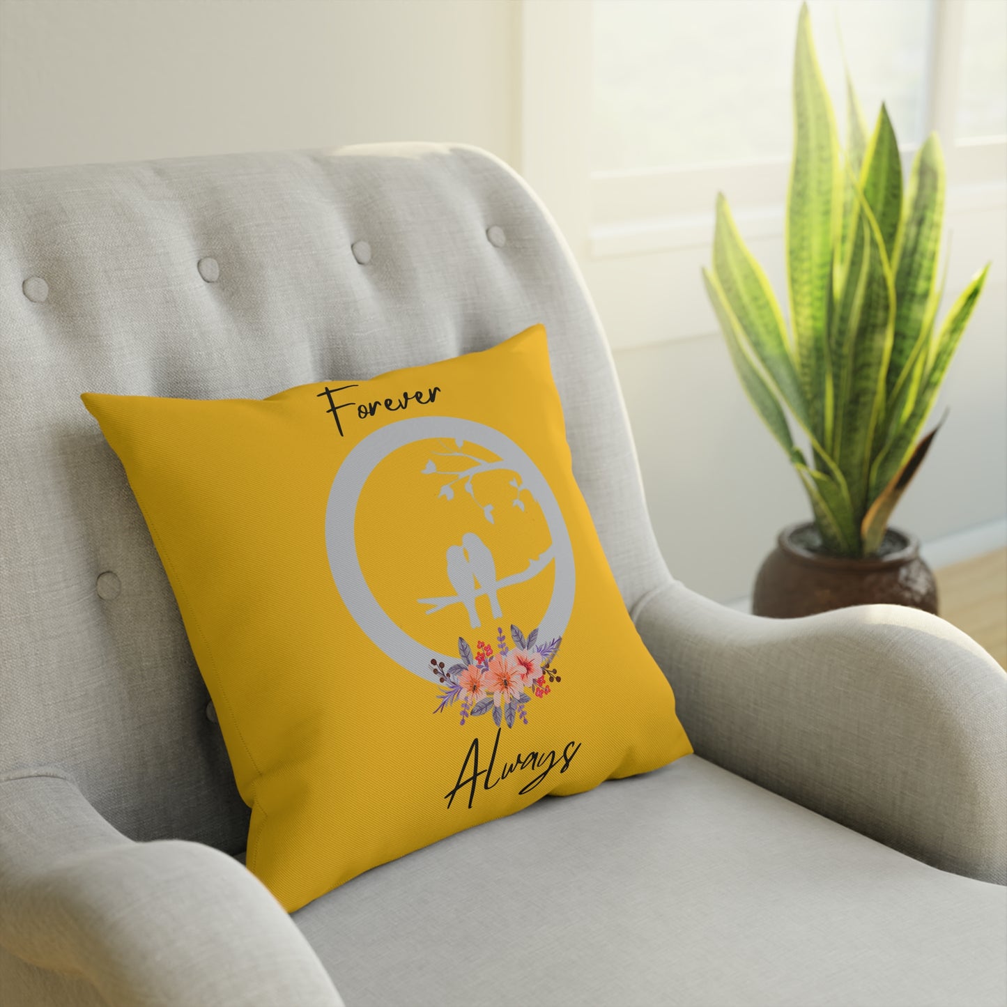 Coussin Décoratif Jaune 'Forever Always', Coussin Accent Floral Romantique, Coussin décorative Romantique, Coussin tendance