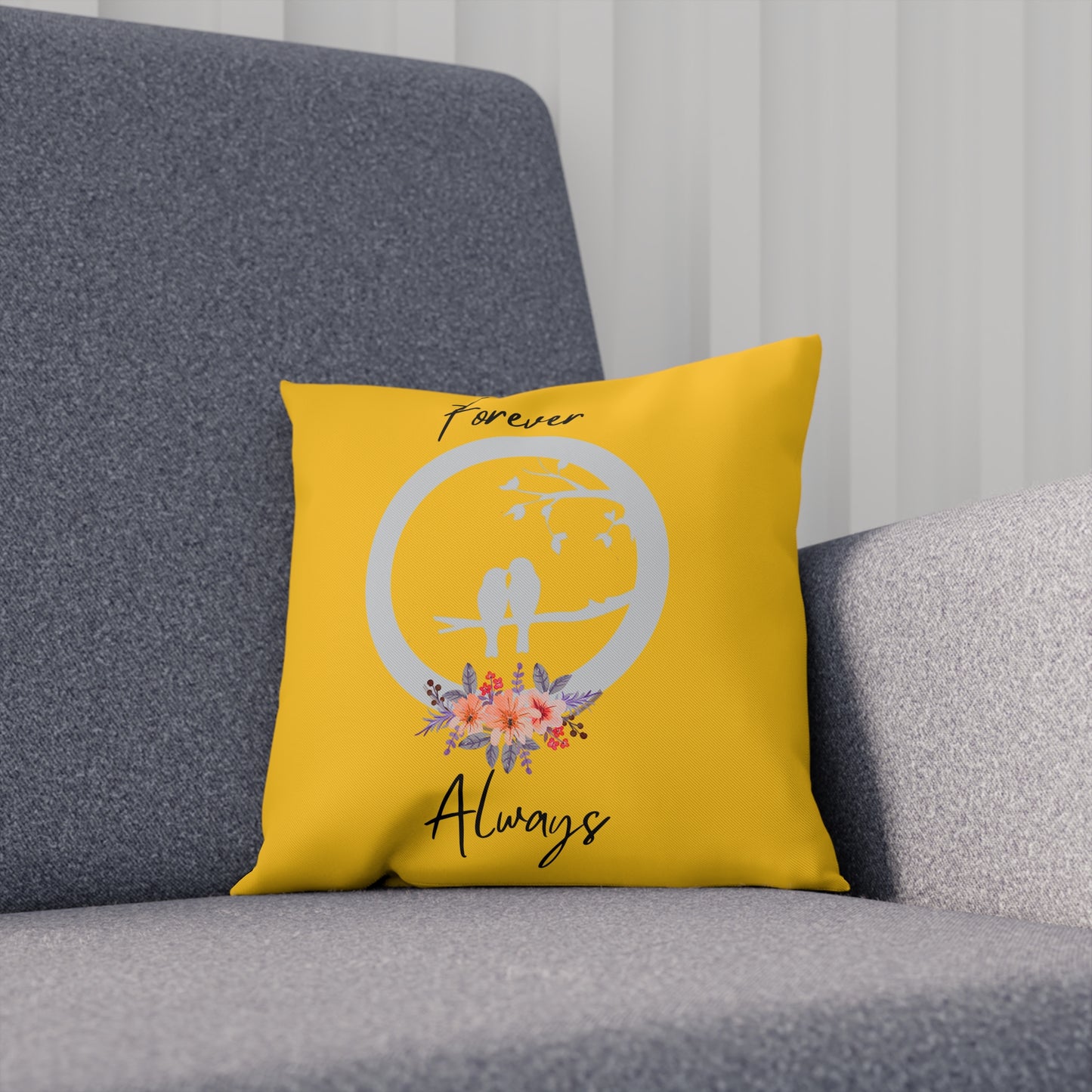 Coussin Décoratif Jaune 'Forever Always', Coussin Accent Floral Romantique, Coussin décorative Romantique, Coussin tendance