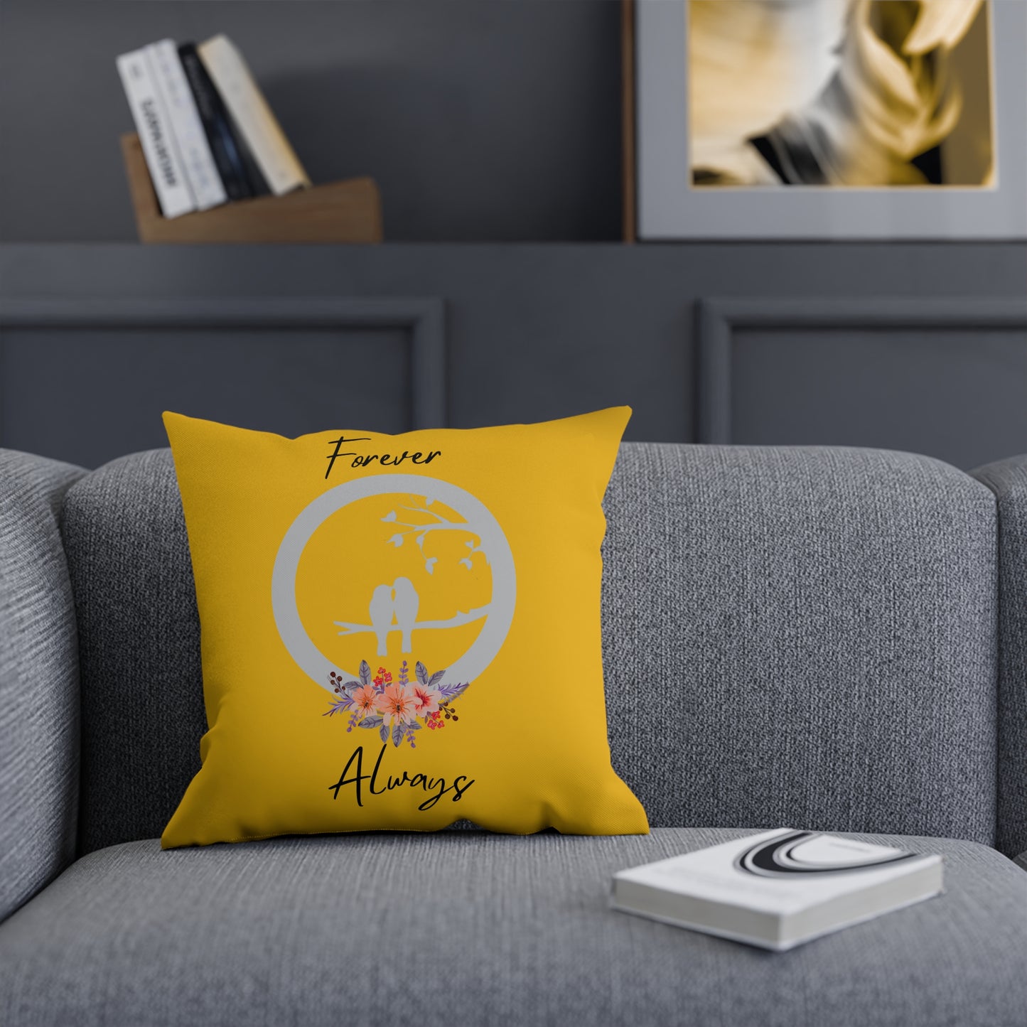 Coussin Décoratif Jaune 'Forever Always', Coussin Accent Floral Romantique, Coussin décorative Romantique, Coussin tendance