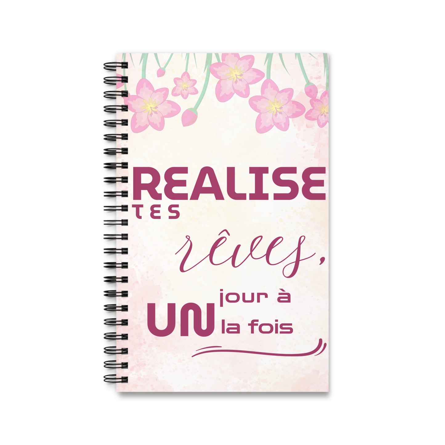 Carnet de Notes Inspirant "Réalise tes Rêves, Agenda Un Jour à la Fois" - Agenda motif fleur rose - Carnet de note motivant - Motivation Quotidienne