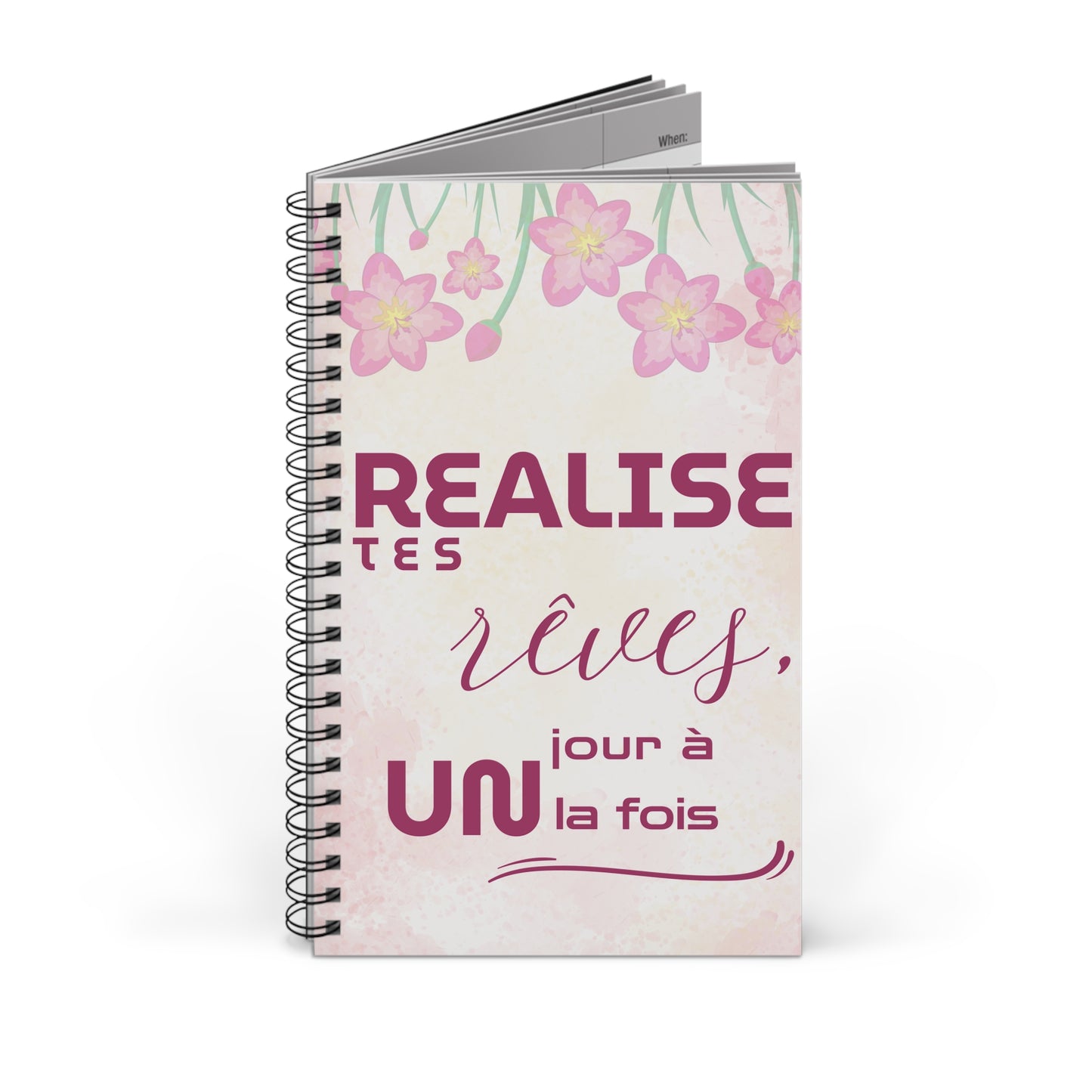 Carnet de Notes Inspirant "Réalise tes Rêves, Agenda Un Jour à la Fois" - Agenda motif fleur rose - Carnet de note motivant - Motivation Quotidienne