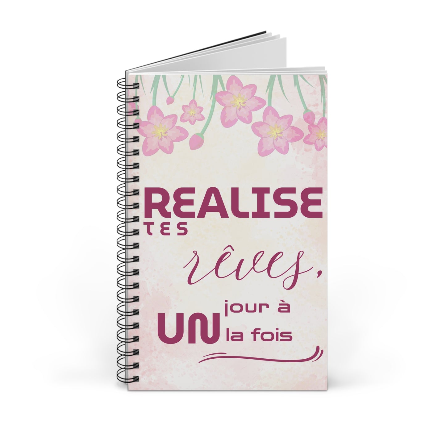 Carnet de Notes Inspirant "Réalise tes Rêves, Agenda Un Jour à la Fois" - Agenda motif fleur rose - Carnet de note motivant - Motivation Quotidienne