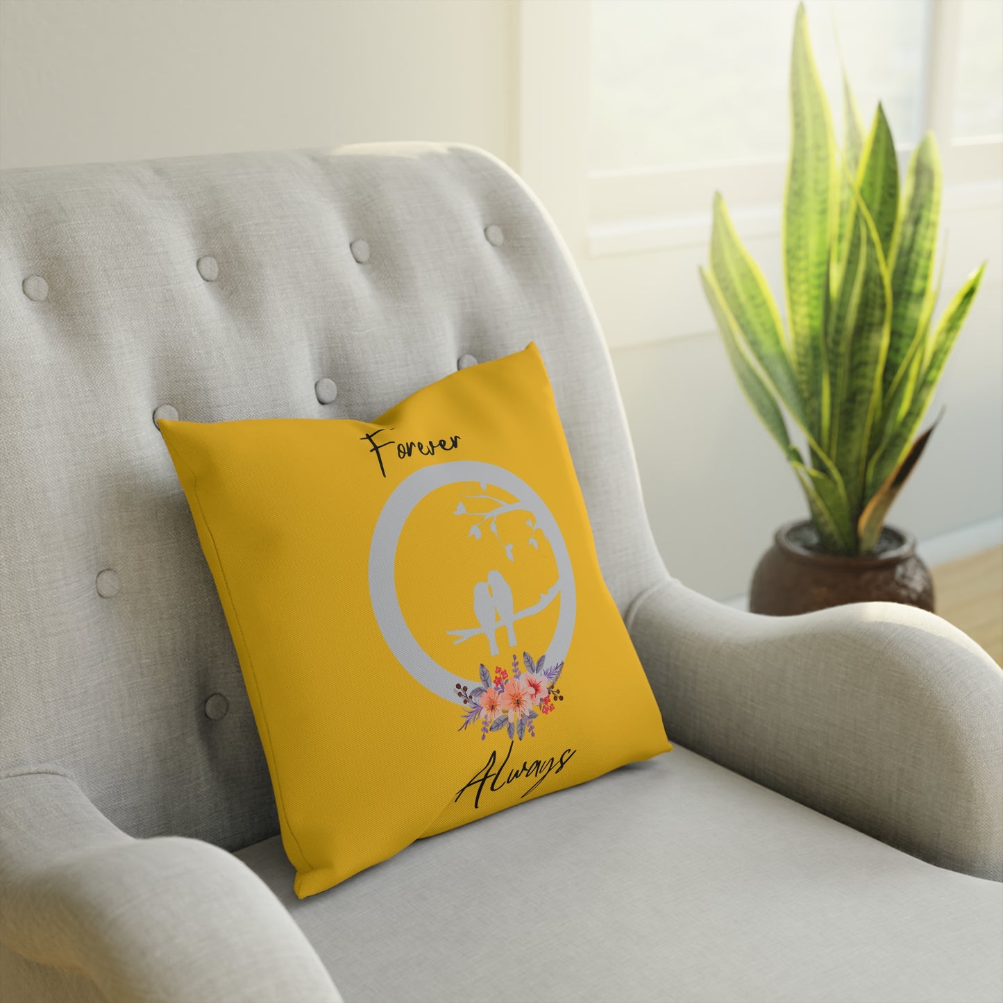 Coussin Décoratif Jaune 'Forever Always', Coussin Accent Floral Romantique, Coussin décorative Romantique, Coussin tendance
