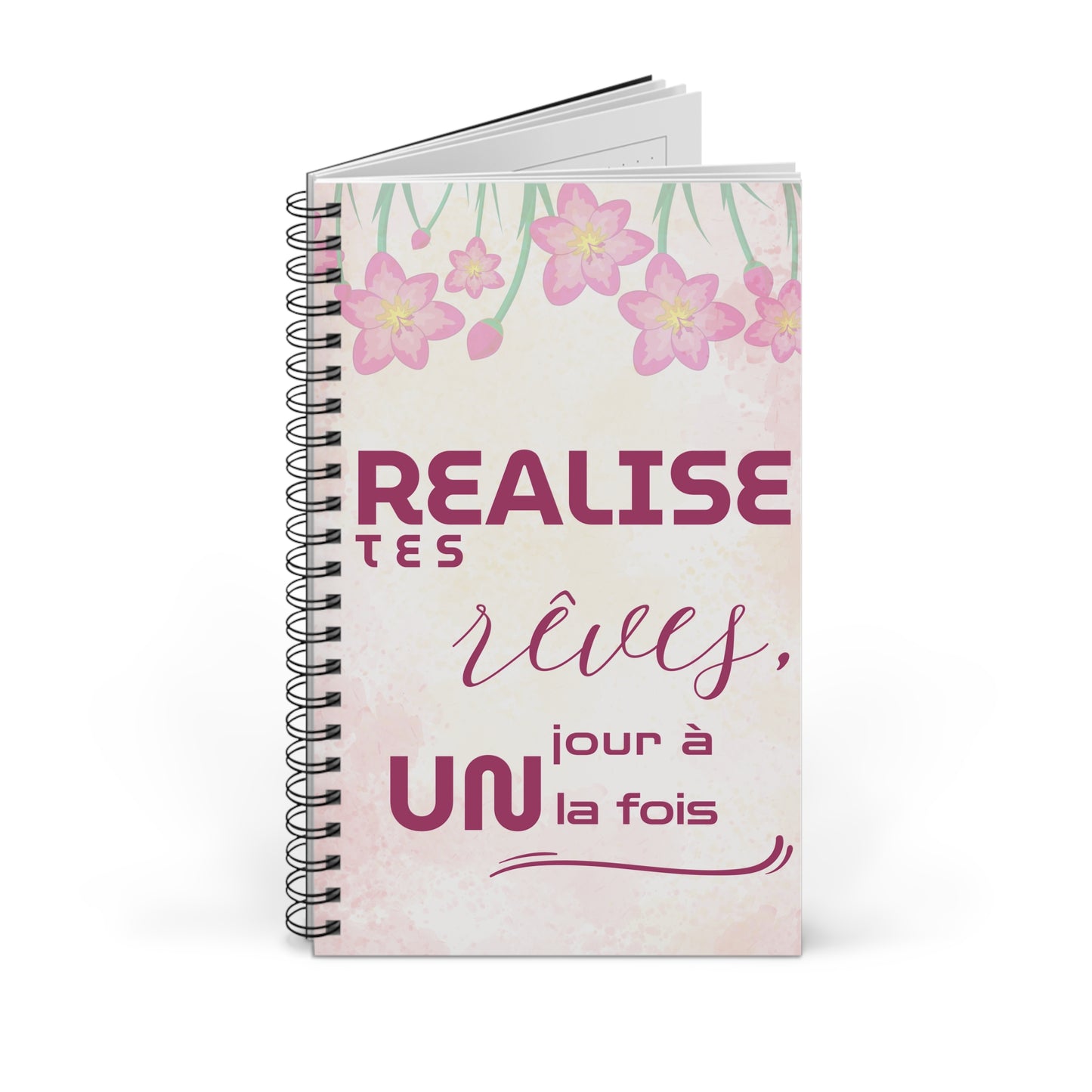 Carnet de Notes Inspirant "Réalise tes Rêves, Agenda Un Jour à la Fois" - Agenda motif fleur rose - Carnet de note motivant - Motivation Quotidienne